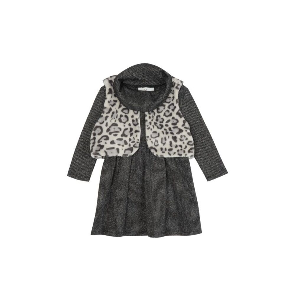 Rare Editions Little Girls Cowl Neck Dress Animal Print Fur Vest